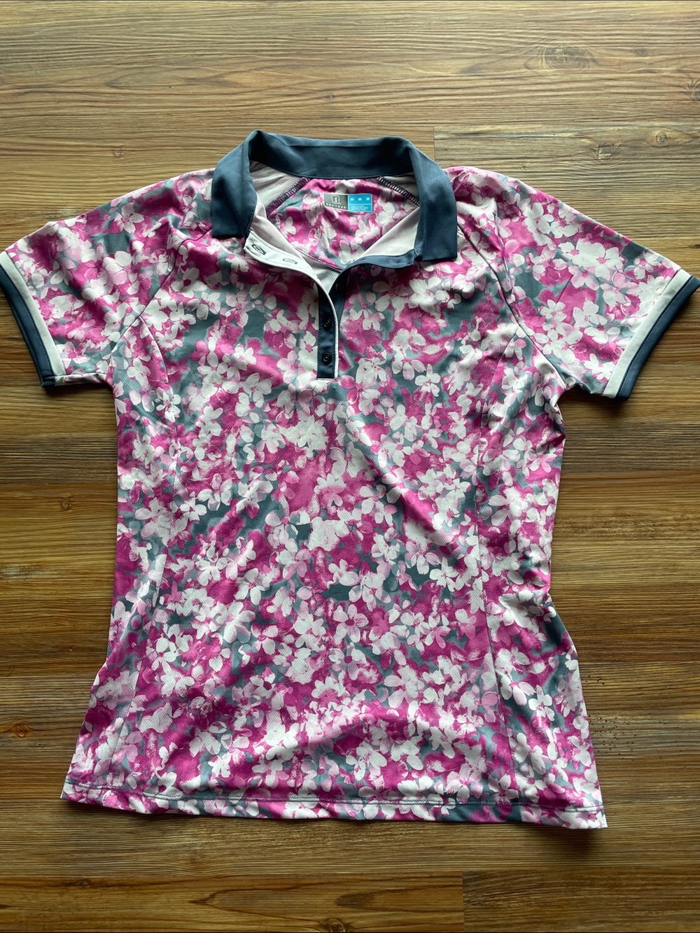 PGA Tour Pink Floral Golf Polo with Gray Trim Women’s Medium